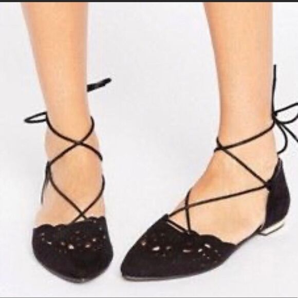 ASOS glamorous black lace up  flat ballet pump - Picture 1 of 12